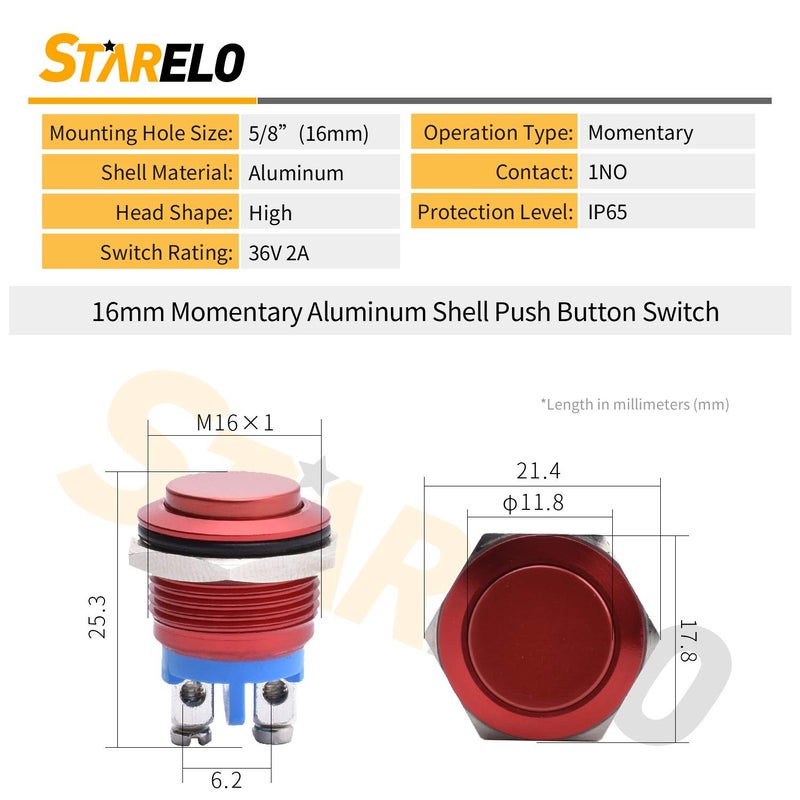 STARELO 16MM 5/8" Momentary Push Button Switch High Round 250V AC 5A 12V 36V DC 2A 1NO SPST Waterproof Aluminum Shell(Red). - Image 3